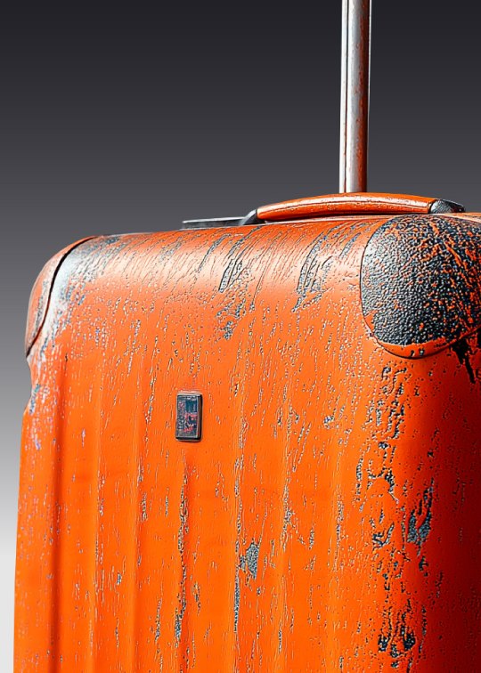 A hard-shell orange suitcase scraped back to bare grey along one whole side after baggage handling