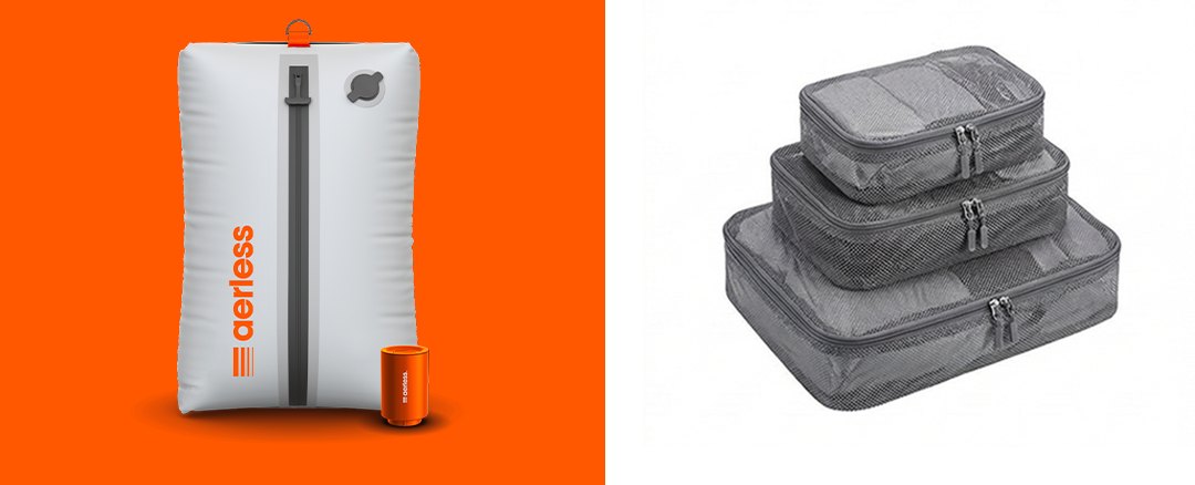 Side by side: the Aerless bag on an orange ground with its pump, and a nested set of grey fabric packing cubes on white